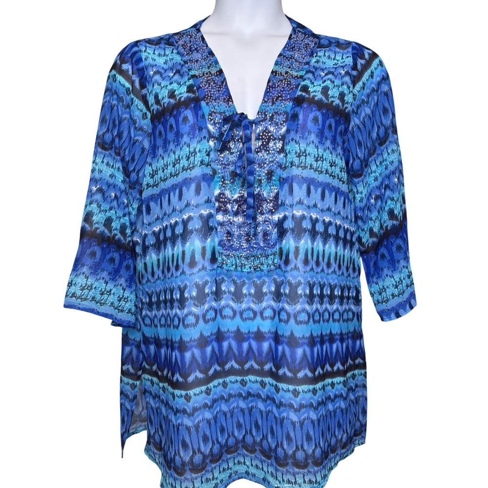 RAVIYA Womens Blue Ikat Print Tunic Top Size XL Boho Flowy Exotic Beaded Festive